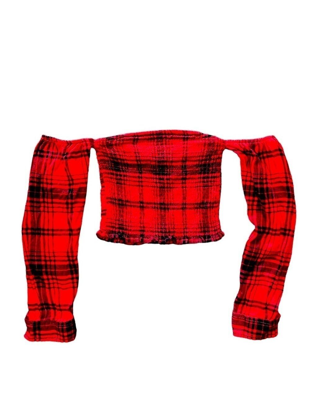 2/$15 Garage Red Black Plaid Cropped Shoulderless Top XS